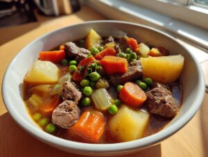 Close-up of a bowl of rich vegetable soup with stew meat, large chunks of potato, carrots, and peas.