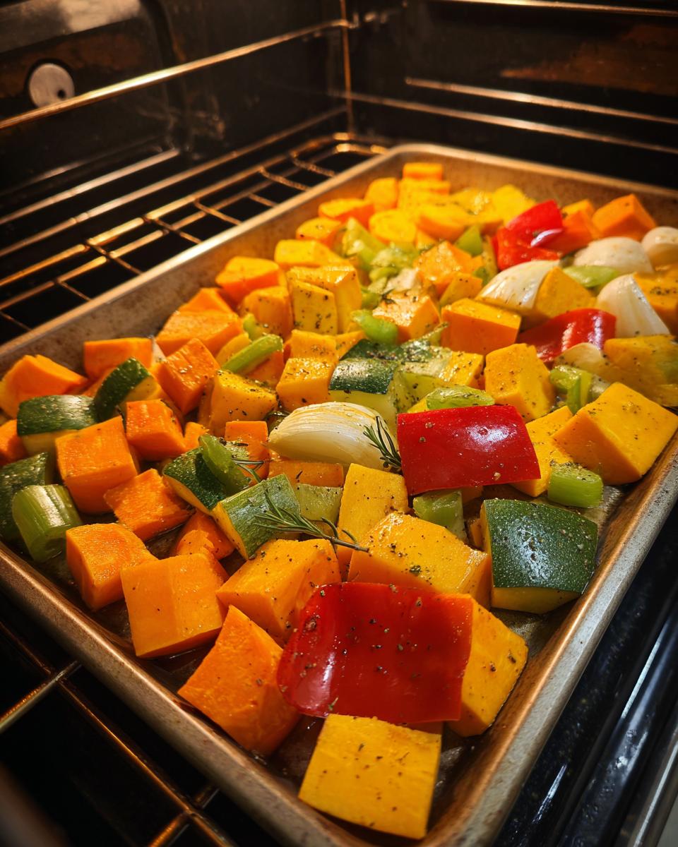Colorful chopped vegetables seasoned and ready for roasting on a sheet pan for roasted vegetable soup.