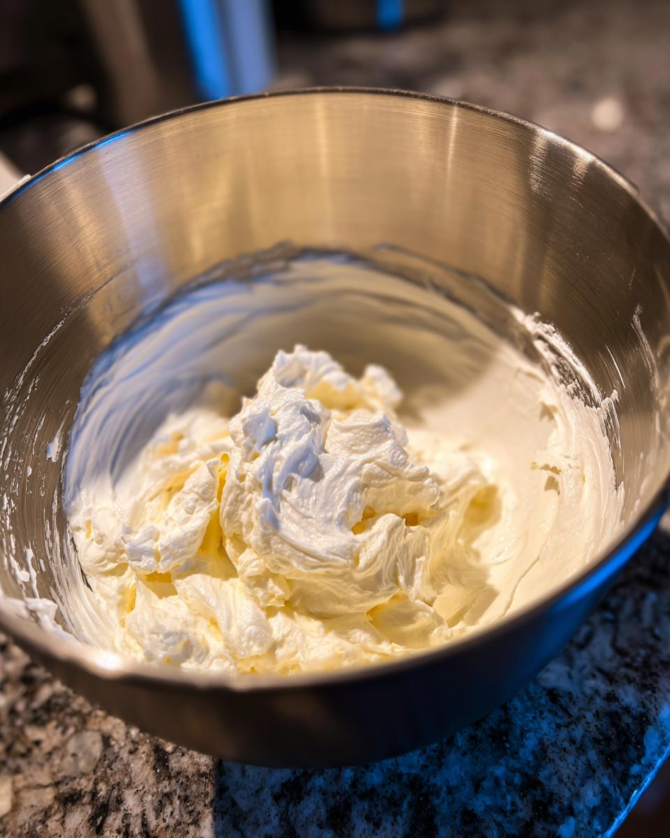 Close-up of whipped cottage cheese and yogurt mixture in a metal bowl for greek yogurt cottage cheese chicken salad.