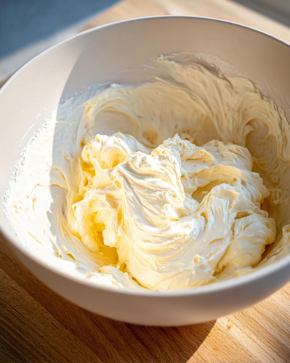 Close-up of softened, whipped cream cheese base in a white bowl, ready for the amazing 30-minute cream cheese dip.