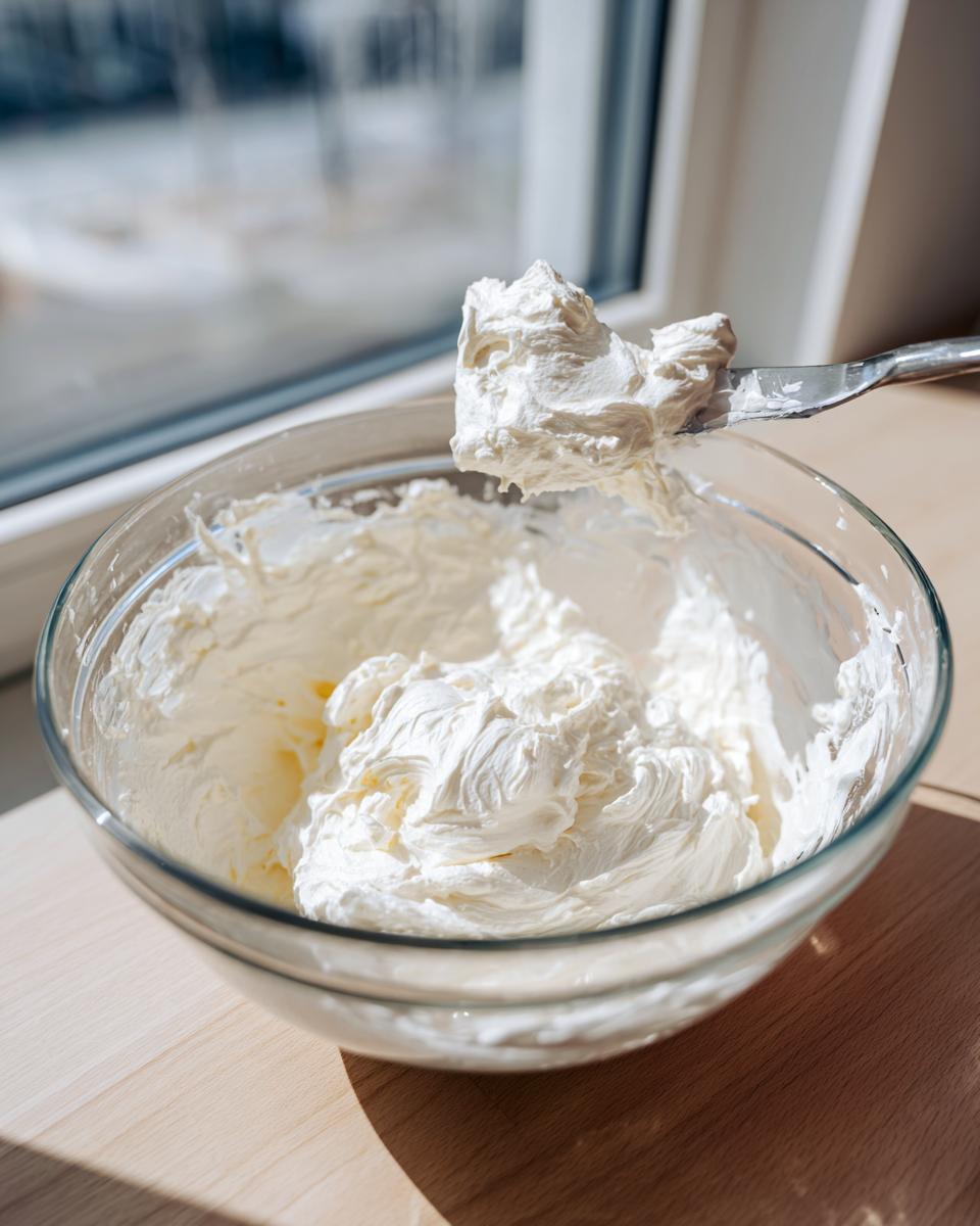 A glass bowl filled with fluffy white cream cheese frosting being mixed for the dubai chocolate cheesecake recipe.