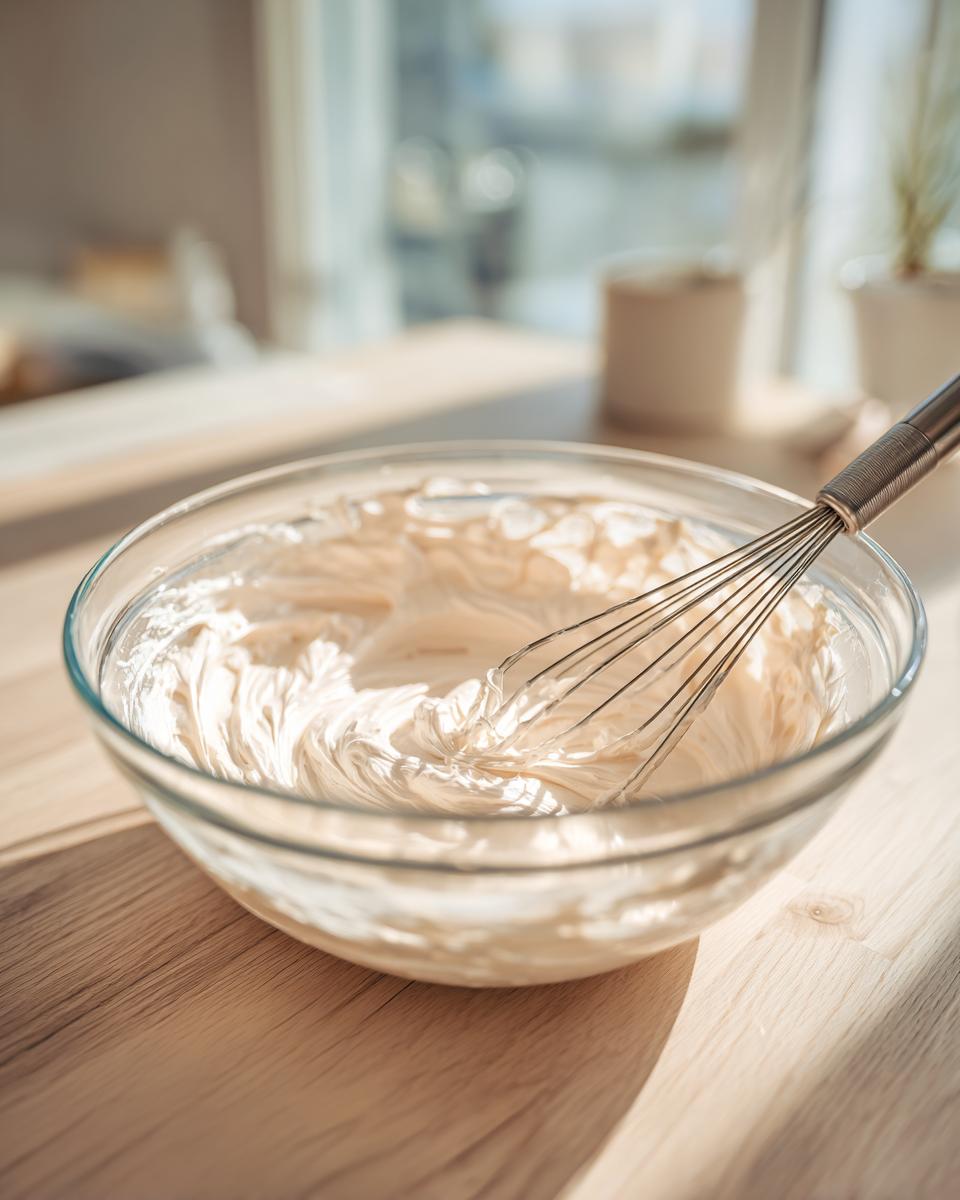 A glass bowl containing whipped cream cheese mixture with a metal whisk, part of making triple chocolate cheesecake.