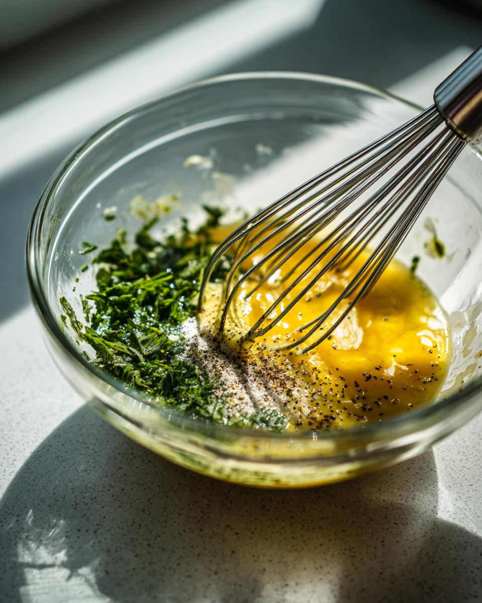 Whisk mixing wet ingredients, herbs, salt, and pepper for the blackberry cottage cheese chicken salad dressing.