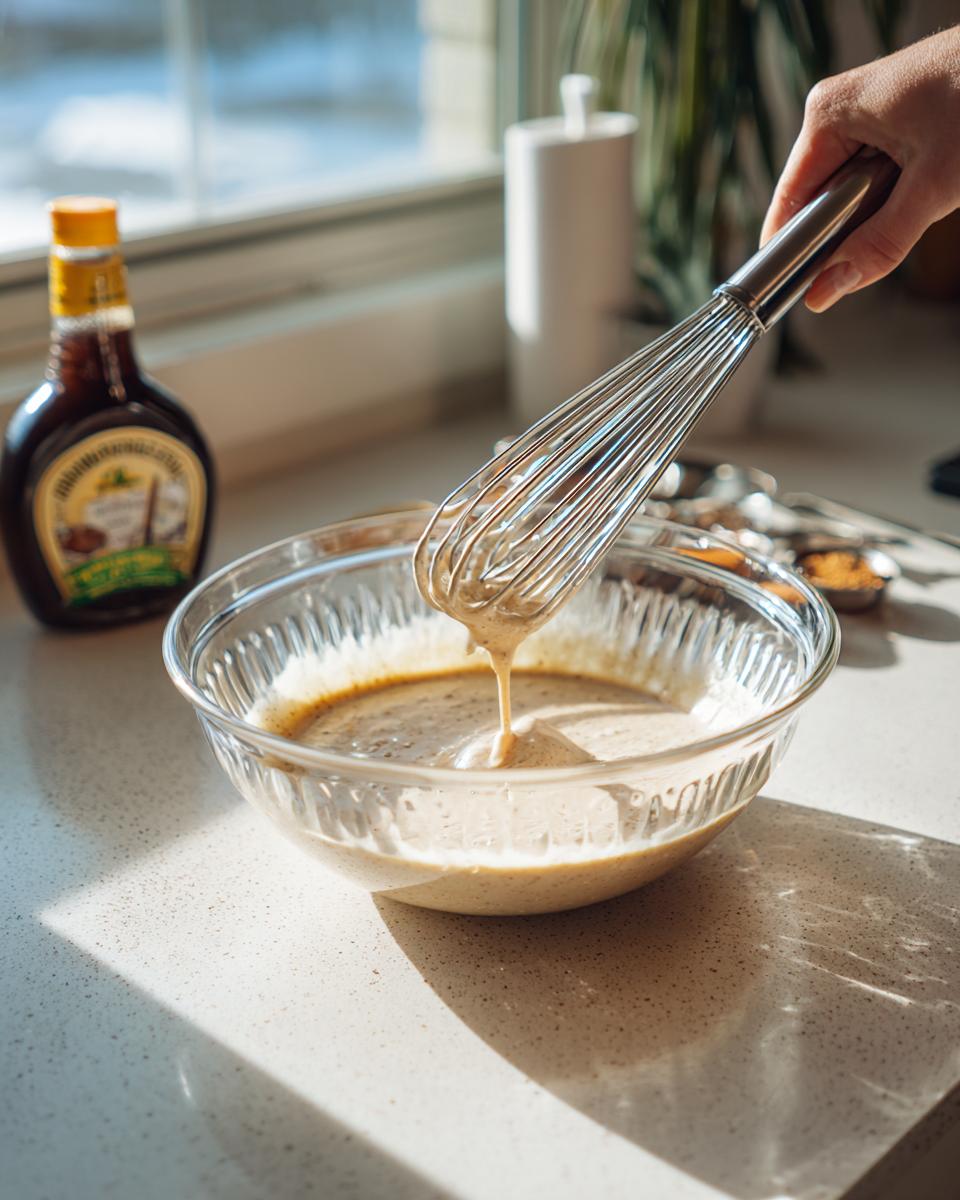 Hand whisking a creamy sauce in a glass bowl, likely for the swedish meatball recipe crockpot.