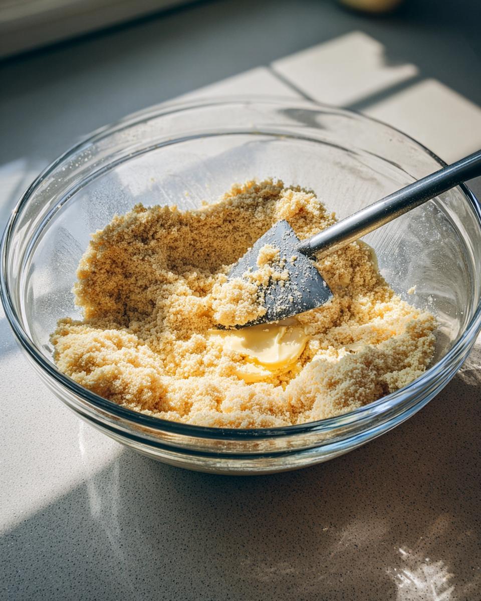 Mixing butter into crumb mixture for the white chocolate cheesecake crust in a glass bowl.