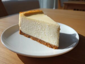 A creamy slice of white chocolate cheesecake with a graham cracker crust on a white plate.
