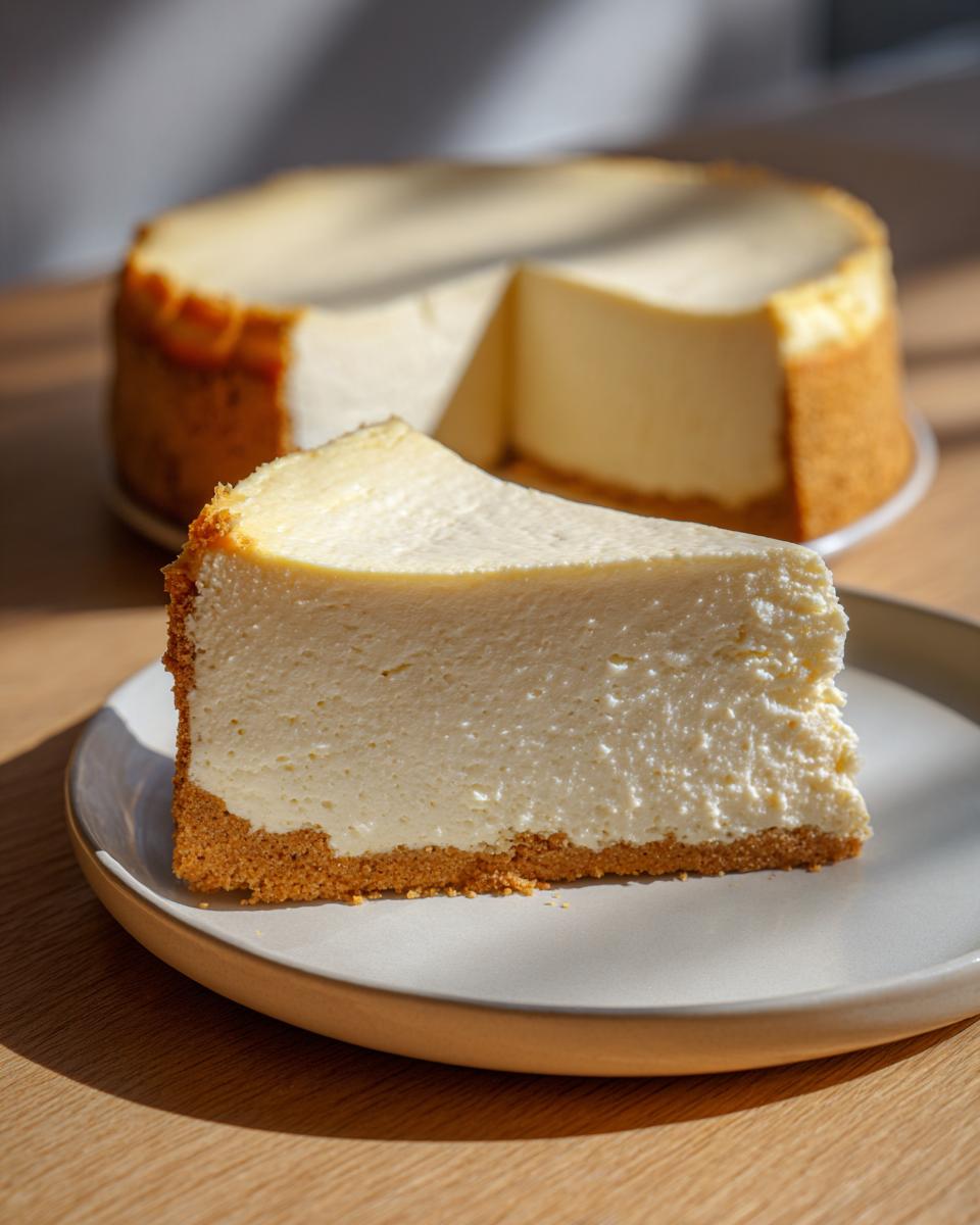 A perfect slice of creamy white chocolate cheesecake with a thick graham cracker crust, set against the rest of the cake.