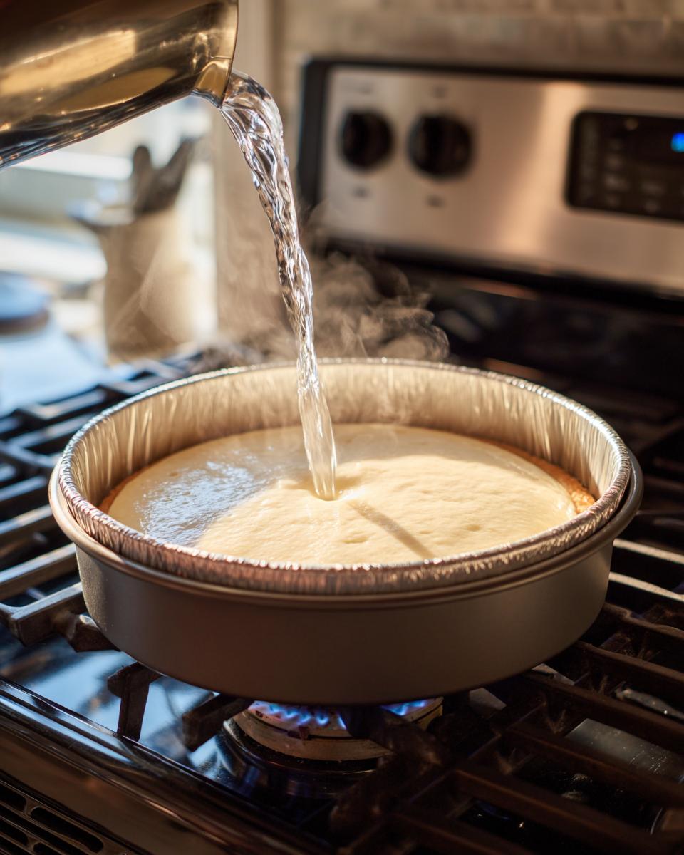 Pouring hot water into a pan surrounding a white chocolate cheesecake for a water bath.