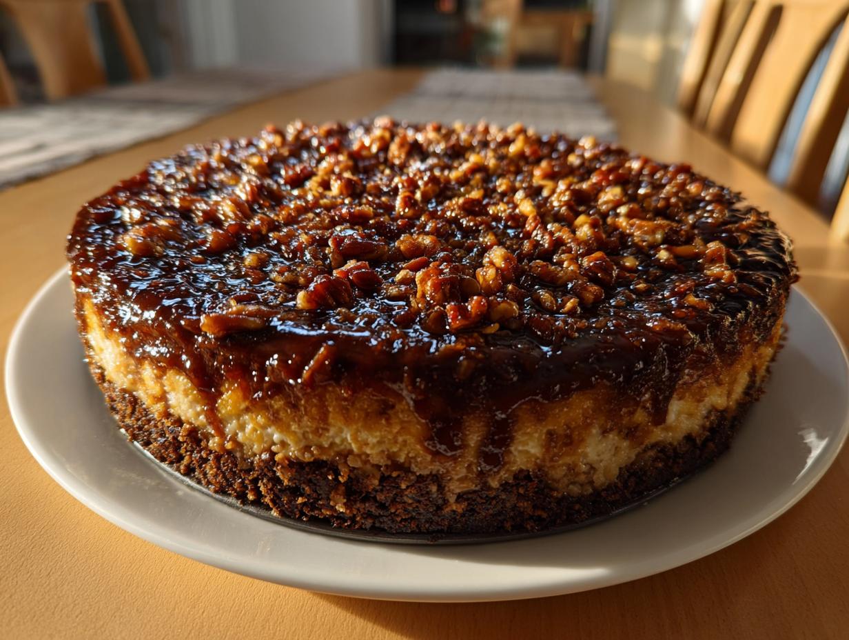 A whole german chocolate cheesecake with a thick, glossy caramel-pecan topping sitting on a white plate.