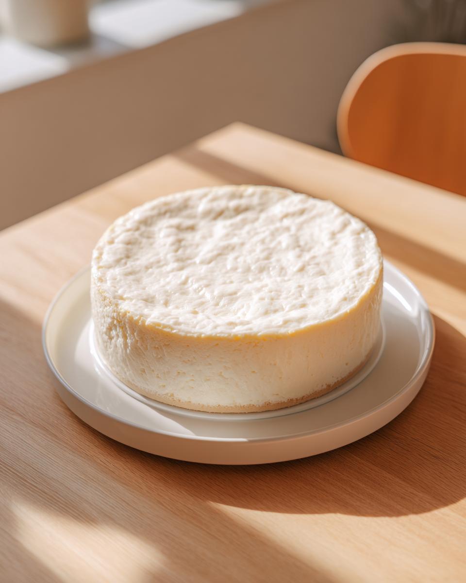 A whole, unadorned white chocolate cheesecake sitting on a white plate on a wooden table.